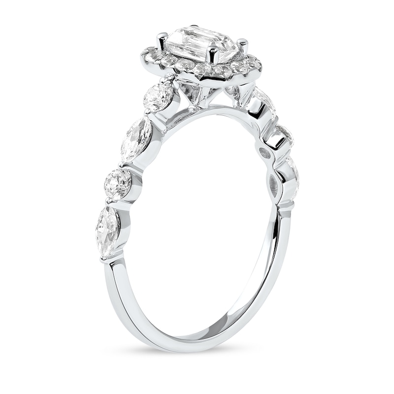 Main Image 2 of 1 CT. T.W. Emerald-Cut Diamond Frame Multi-Shape Alternating Shank Engagement Ring in 10K White Gold