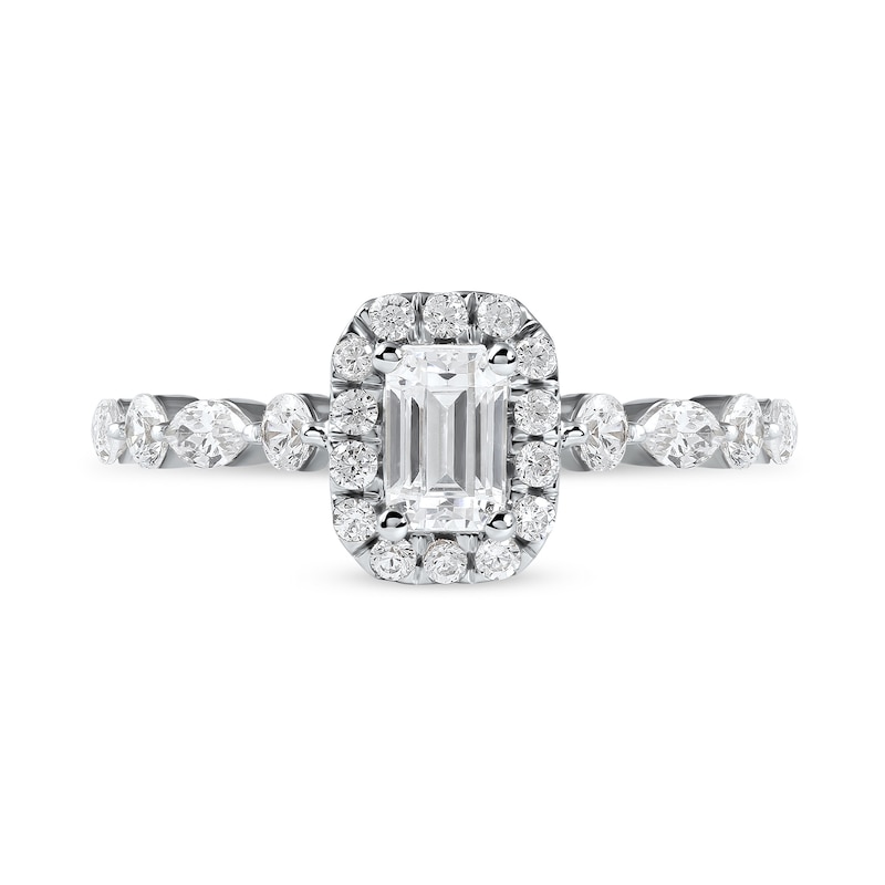 Main Image 3 of 1 CT. T.W. Emerald-Cut Diamond Frame Multi-Shape Alternating Shank Engagement Ring in 10K White Gold
