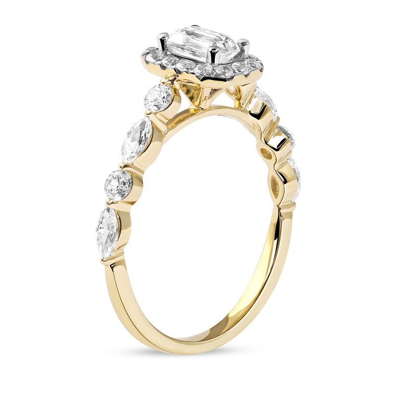 Main Image 2 of 1 CT. T.W. Emerald-Cut Diamond Frame Multi-Shape Alternating Shank Engagement Ring in 10K Gold