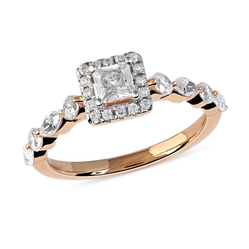 1 CT. T.W. Princess-Cut Diamond Frame Multi-Shape Alternating Shank Engagement Ring in 10K Rose Gold