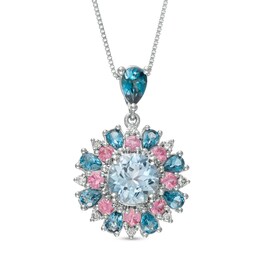 Captivating Color Aquamarine, Pink Spinel, London Blue Topaz and 1/20 CT. T.W. Diamond Drop Pendant in 14K White Gold