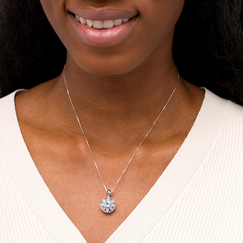 Captivating Color Aquamarine, Pink Spinel, London Blue Topaz and 1/20 CT. T.W. Diamond Drop Pendant in 14K White Gold