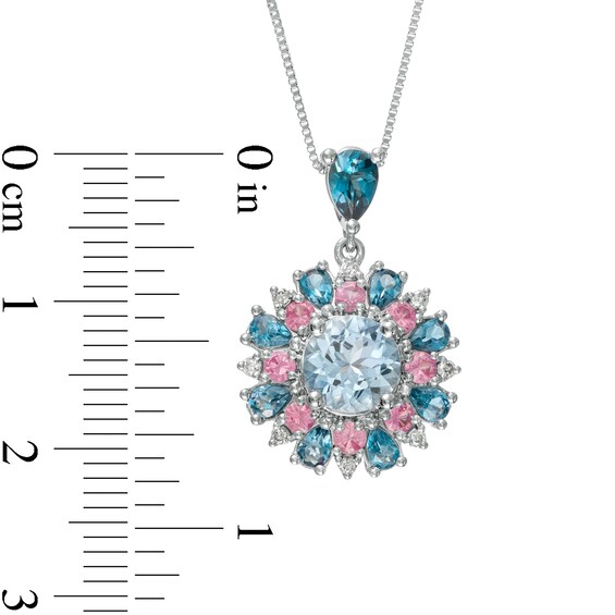 Captivating Color Aquamarine, Pink Spinel, London Blue Topaz and 1/20 CT. T.W. Diamond Drop Pendant in 14K White Gold Captivating Color Aquamarine, Pink Spinel, London Blue Topaz and 1/20 CT. T.W. Diamond Drop Pendant in 14K White Gold
