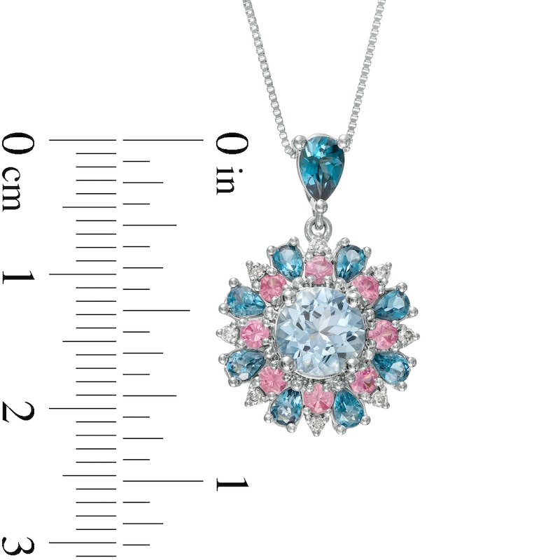 Captivating Color Aquamarine, Pink Spinel, London Blue Topaz and 1/20 CT. T.W. Diamond Drop Pendant in 14K White Gold