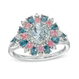 Captivating Color Aquamarine, Pink Spinel, London Blue Topaz and 1/20 CT. T.W. Diamond Frame Ring in 14K White Gold