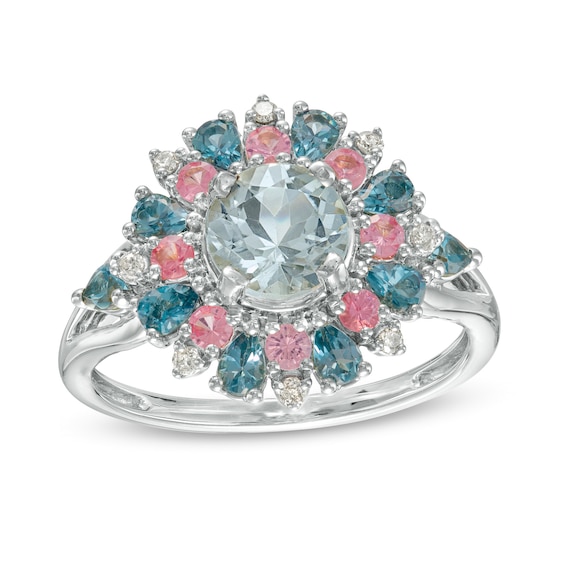 Captivating Color Aquamarine, Pink Spinel, London Blue Topaz and 1/20 CT. T.w. Diamond Frame Ring in 14K White Gold