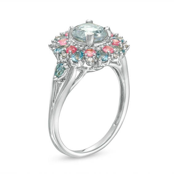 Captivating Color Aquamarine, Pink Spinel, London Blue Topaz and 1/20 CT. T.w. Diamond Frame Ring in 14K White Gold