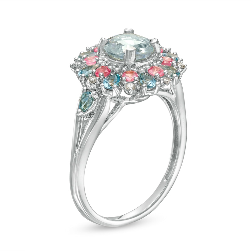 Main Image 3 of Captivating Color Aquamarine, Pink Spinel, London Blue Topaz and 1/20 CT. T.W. Diamond Frame Ring in 14K White Gold