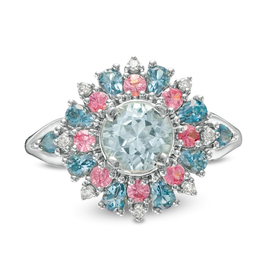 Captivating Color Aquamarine, Pink Spinel, London Blue Topaz and 1/20 CT. T.w. Diamond Frame Ring in 14K White Gold