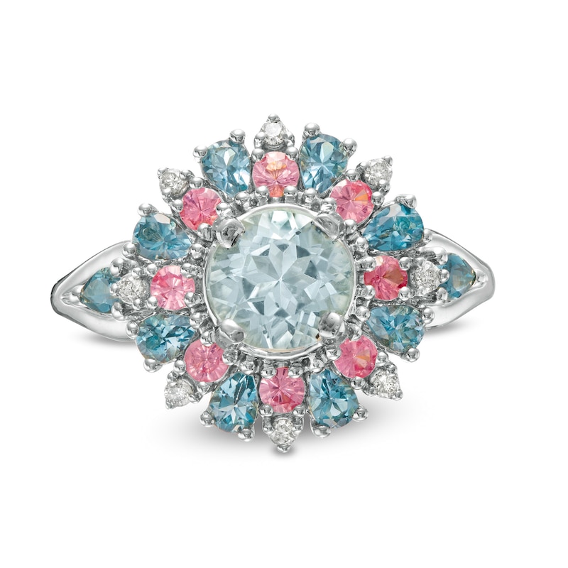 Main Image 4 of Captivating Color Aquamarine, Pink Spinel, London Blue Topaz and 1/20 CT. T.W. Diamond Frame Ring in 14K White Gold