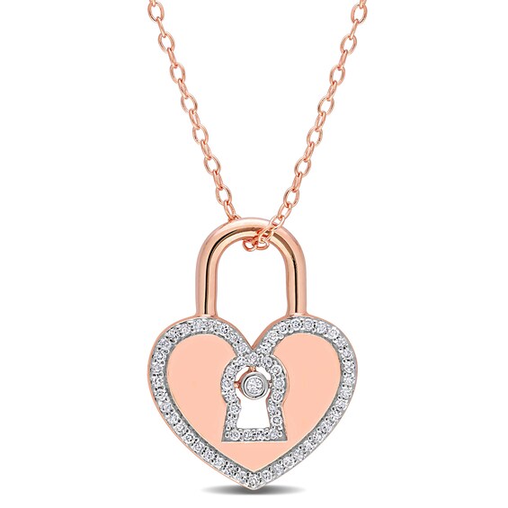 Lock & Key Necklace 1/15 cttw Diamonds Sterling Silver & 10K Rose Gold 18