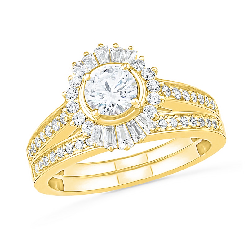 Main Image 1 of 1 CT. T.W. Baguette and Round Diamond Sunburst Frame Bridal Set in 10K Gold