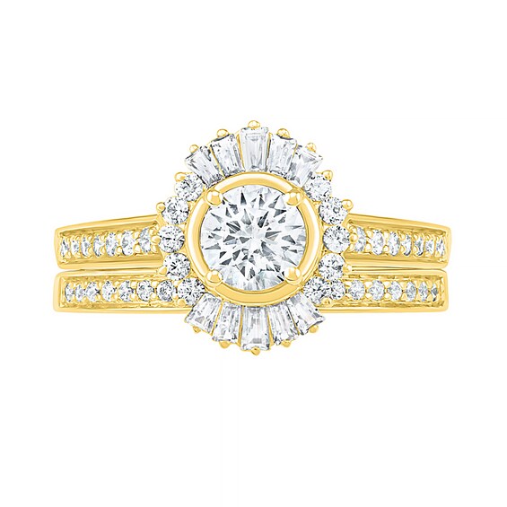 1 CT. T.w. Baguette and Round Diamond Sunburst Frame Bridal Set in 10K Gold