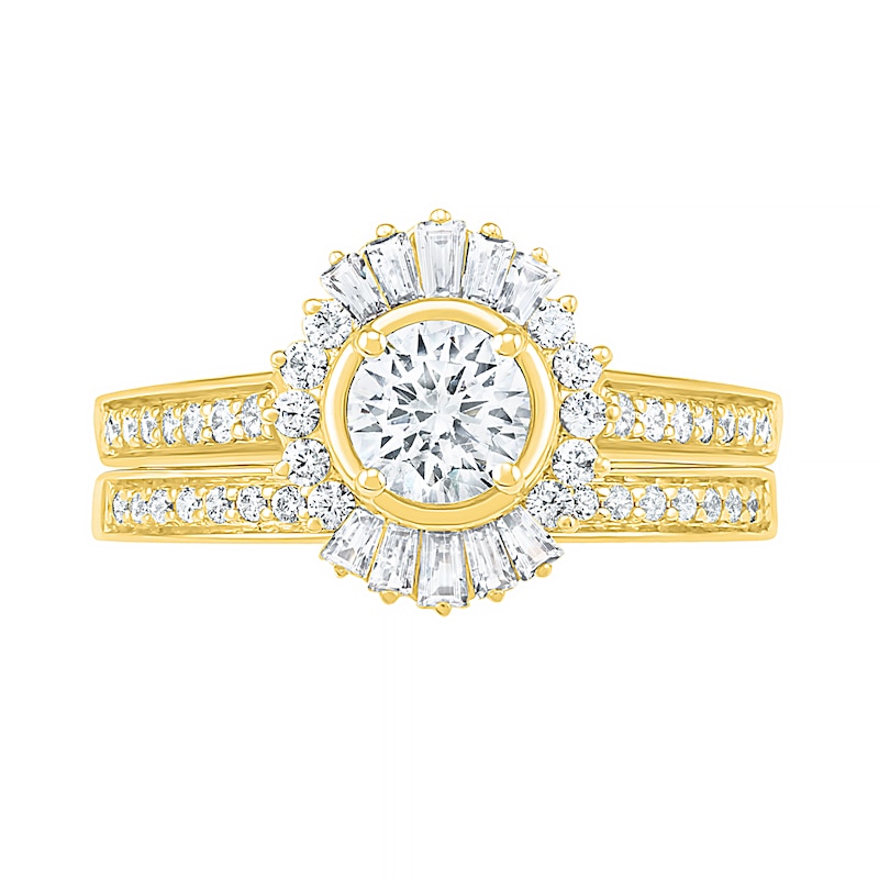 Main Image 2 of 1 CT. T.W. Baguette and Round Diamond Sunburst Frame Bridal Set in 10K Gold
