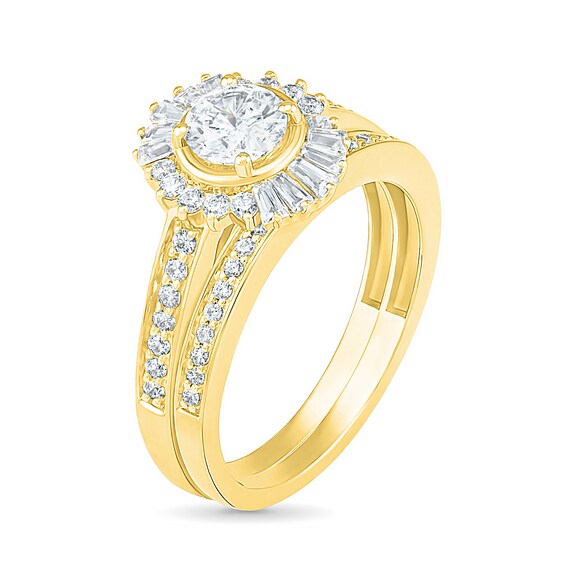 1 CT. T.w. Baguette and Round Diamond Sunburst Frame Bridal Set in 10K Gold