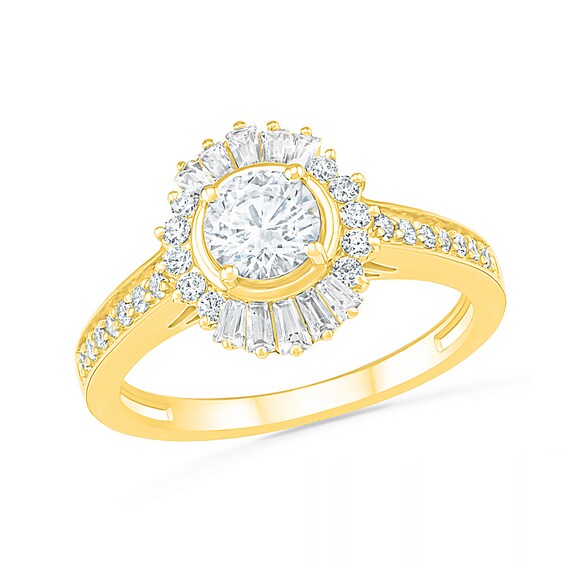 1 CT. T.w. Baguette and Round Diamond Sunburst Frame Bridal Set in 10K Gold