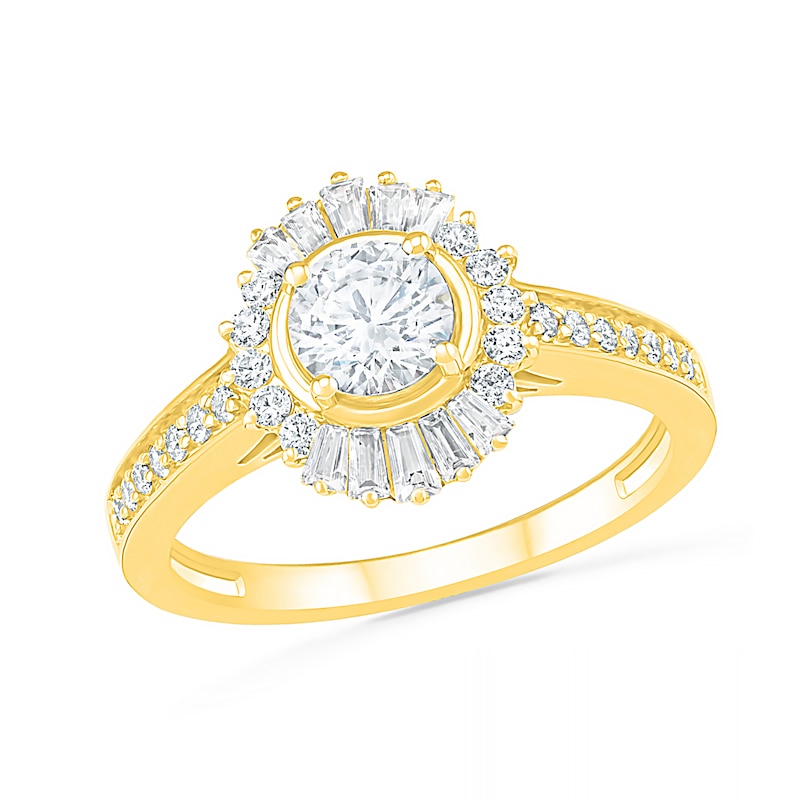 Main Image 4 of 1 CT. T.W. Baguette and Round Diamond Sunburst Frame Bridal Set in 10K Gold