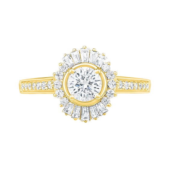 1 CT. T.w. Baguette and Round Diamond Sunburst Frame Bridal Set in 10K Gold