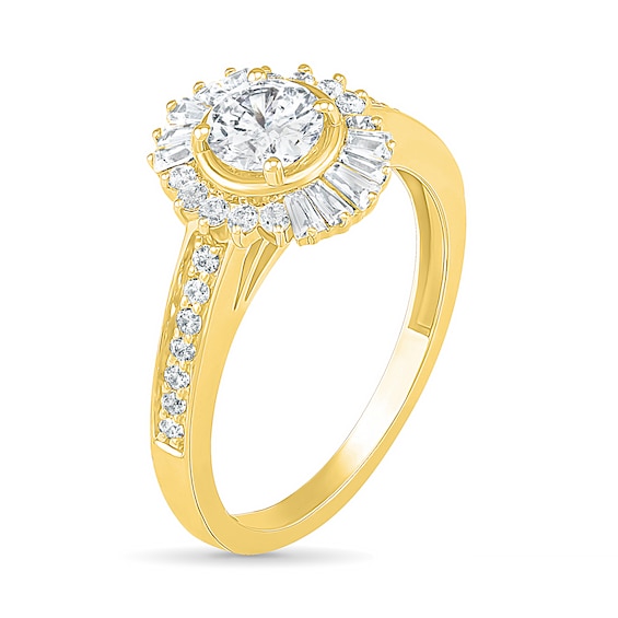 1 CT. T.w. Baguette and Round Diamond Sunburst Frame Bridal Set in 10K Gold