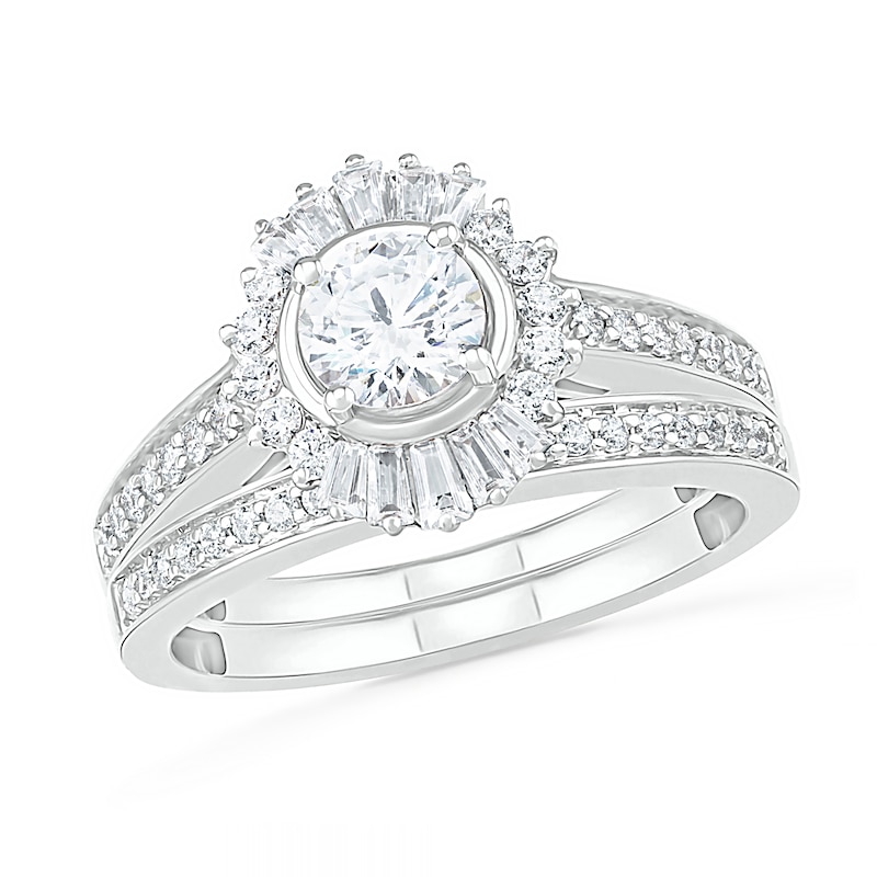 1 CT. T.W. Baguette and Round Diamond Sunburst Frame Bridal Set in 10K White Gold