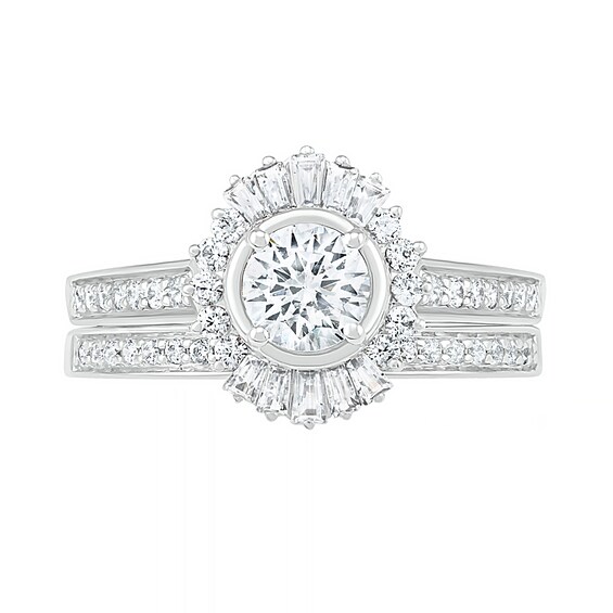 1 CT. T.w. Baguette and Round Diamond Sunburst Frame Bridal Set in 10K White Gold