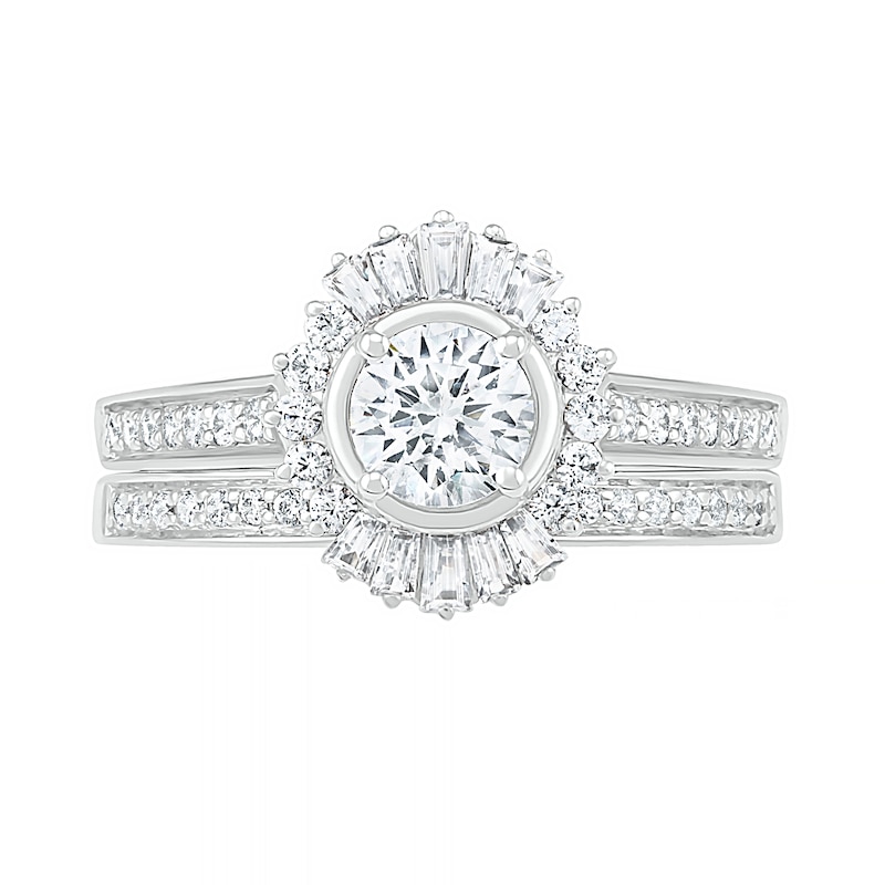 1 CT. T.W. Baguette and Round Diamond Sunburst Frame Bridal Set in 10K White Gold