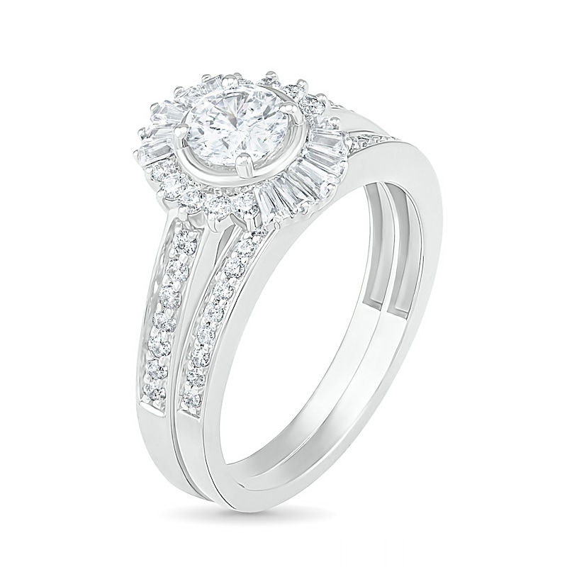 1 CT. T.W. Baguette and Round Diamond Sunburst Frame Bridal Set in 10K White Gold