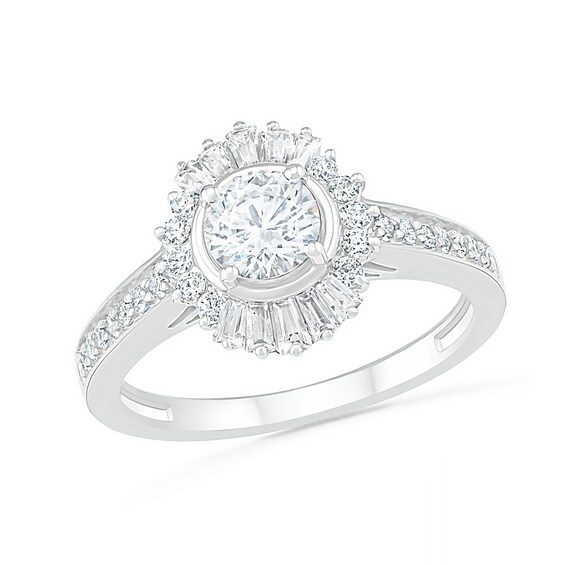 1 CT. T.w. Baguette and Round Diamond Sunburst Frame Bridal Set in 10K White Gold