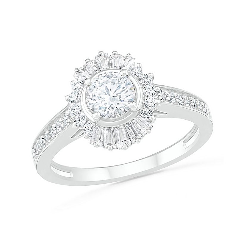 1 CT. T.W. Baguette and Round Diamond Sunburst Frame Bridal Set in 10K White Gold