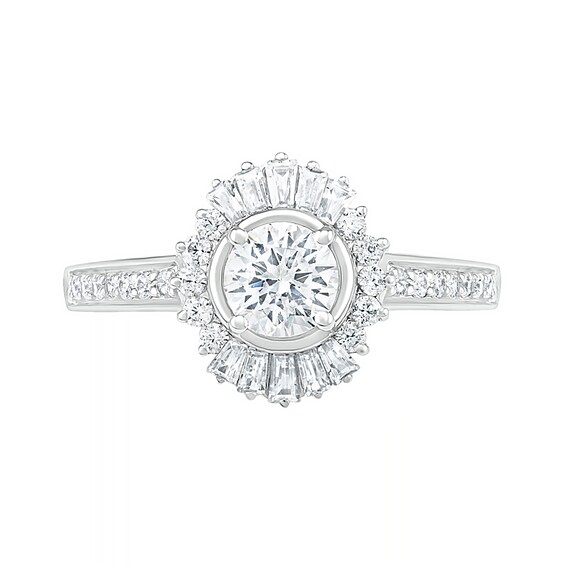 1 CT. T.w. Baguette and Round Diamond Sunburst Frame Bridal Set in 10K White Gold