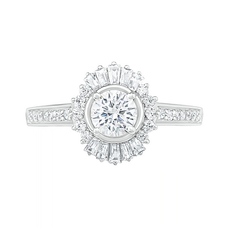1 CT. T.W. Baguette and Round Diamond Sunburst Frame Bridal Set in 10K White Gold