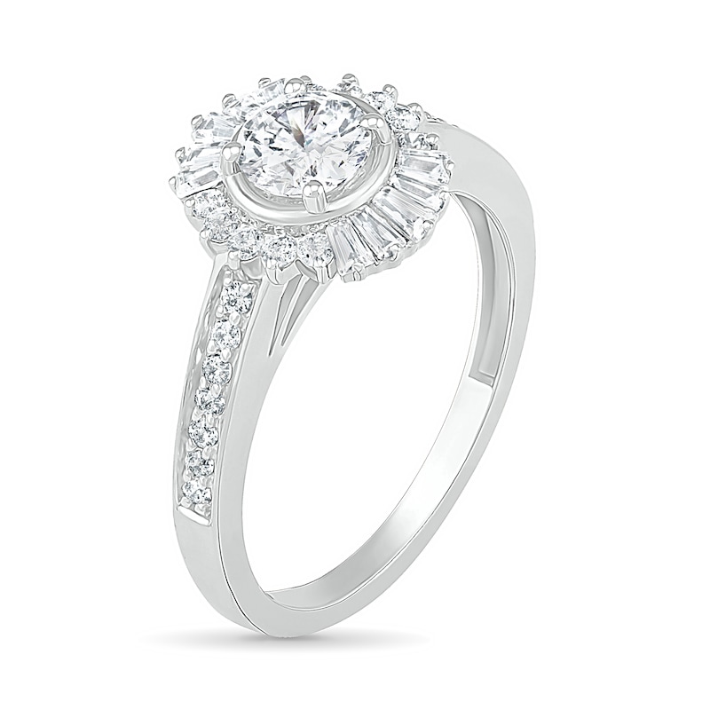 1 CT. T.W. Baguette and Round Diamond Sunburst Frame Bridal Set in 10K White Gold