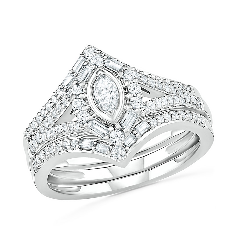 Main Image 1 of 3/4 CT. T.W. Multi-Shape Diamond Chevron Split Shank Bridal Set in 10K White Gold
