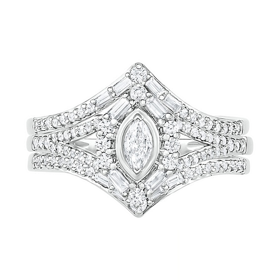 3/4 CT. T.w. Multi-Shape Diamond Chevron Split Shank Bridal Set in 10K White Gold
