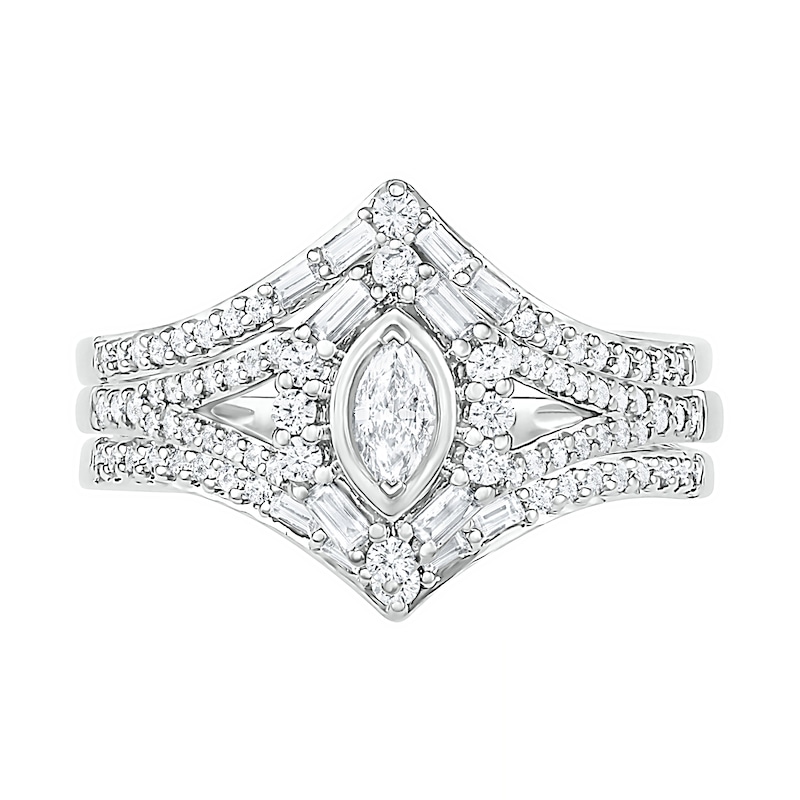 Main Image 2 of 3/4 CT. T.W. Multi-Shape Diamond Chevron Split Shank Bridal Set in 10K White Gold