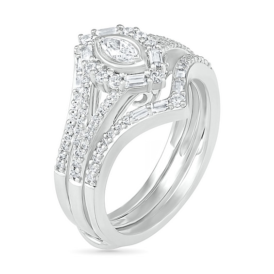 3/4 CT. T.w. Multi-Shape Diamond Chevron Split Shank Bridal Set in 10K White Gold