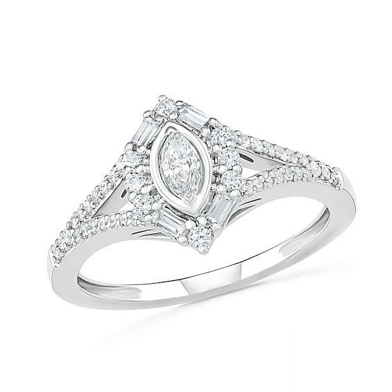 3/4 CT. T.w. Multi-Shape Diamond Chevron Split Shank Bridal Set in 10K White Gold