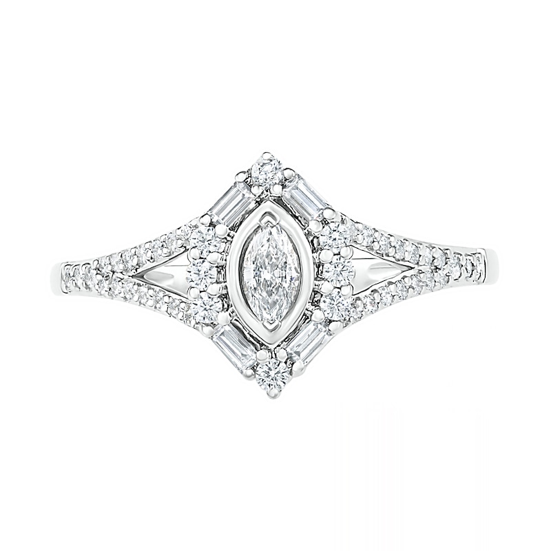 Main Image 5 of 3/4 CT. T.W. Multi-Shape Diamond Chevron Split Shank Bridal Set in 10K White Gold