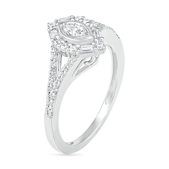 3/4 CT. T.w. Multi-Shape Diamond Chevron Split Shank Bridal Set in 10K White Gold