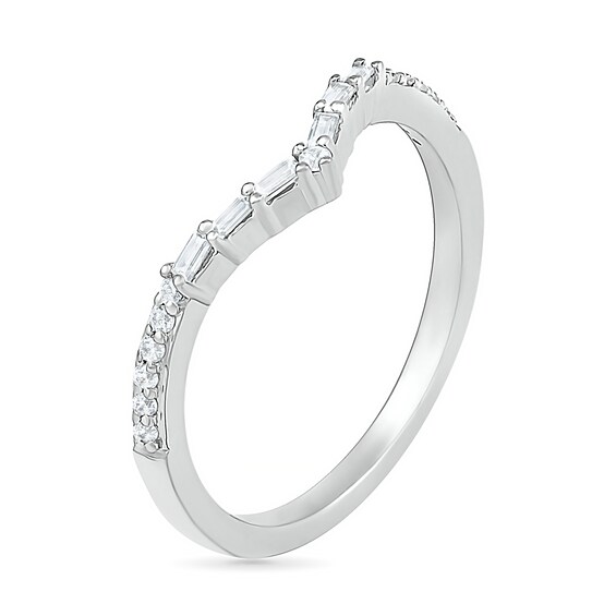 1/6 CT. T.w. Baguette and Round Diamond Chevron Anniversary Band in 10K White Gold