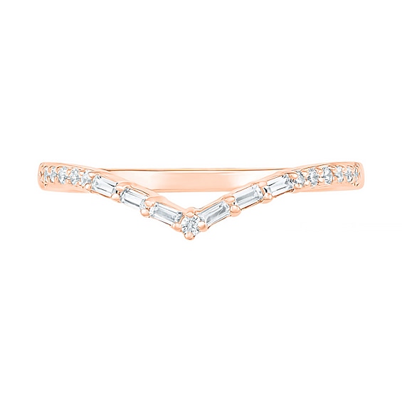 1/6 CT. T.w. Baguette and Round Diamond Chevron Anniversary Band in 10K Rose Gold