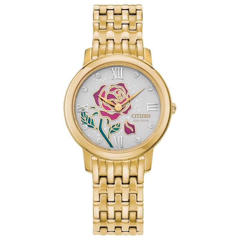 Ladies' Citizen Eco-Drive® Disney Belle Diamond Accent Gold-Tone Watch with Champagne Dial (Model: EX1492-59W)