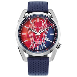 Men's Citizen Eco-Drive® Spider-Man Strap Watch with Red and Blue Dial (Model: AW1680-03W)