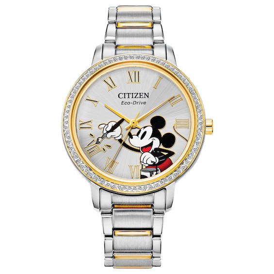 Ladies' Citizen Eco-DriveÂ® Mickey Mouse Painter Crystal Accent Two-Tone Watch with Silver-Tone Dial (Model: Fe7044-52W)