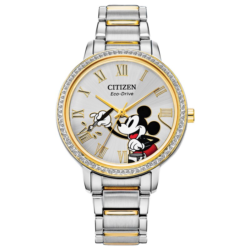 Main Image 1 of Ladies' Citizen Eco-Drive® Mickey Mouse Painter Crystal Accent Two-Tone Watch with Silver-Tone Dial (Model: FE7044-52W)