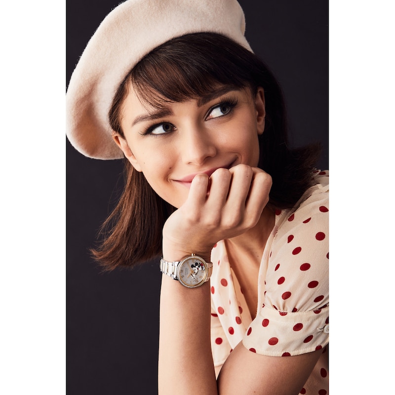 Main Image 5 of Ladies' Citizen Eco-Drive® Mickey Mouse Painter Crystal Accent Two-Tone Watch with Silver-Tone Dial (Model: FE7044-52W)