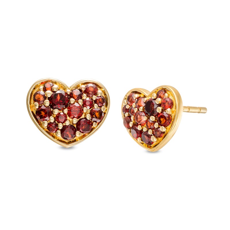 Main Image 1 of Garnet Cluster Heart Stud Earrings in 10K Gold