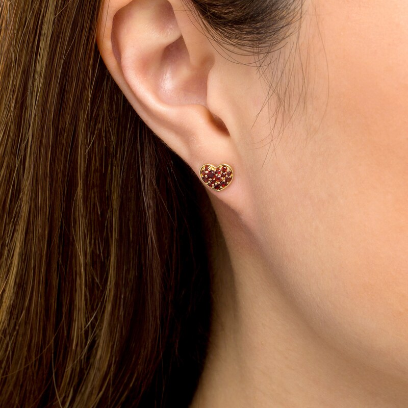Main Image 2 of Garnet Cluster Heart Stud Earrings in 10K Gold