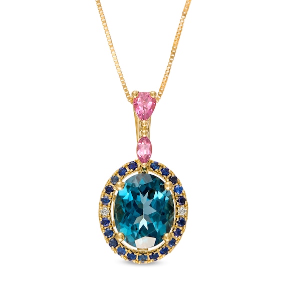 Captivating Color Oval London Blue Topaz, Pink Rhodolite Garnet, Blue Sapphire and Diamond Accent Pendant in 14K Gold