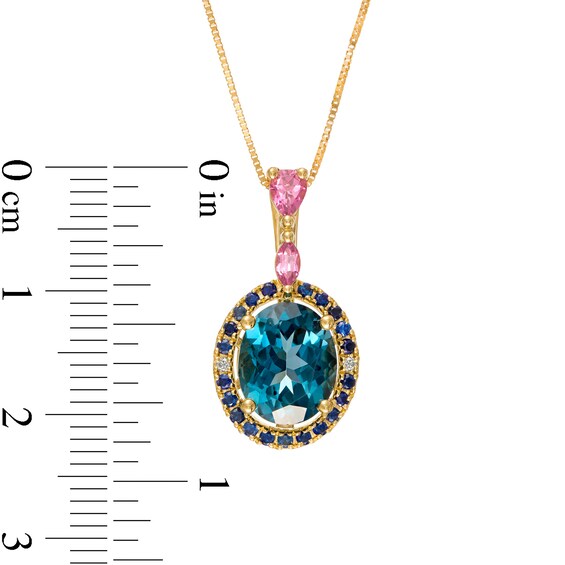 Captivating Color Oval London Blue Topaz, Pink Rhodolite Garnet, Blue Sapphire and Diamond Accent Pendant in 14K Gold